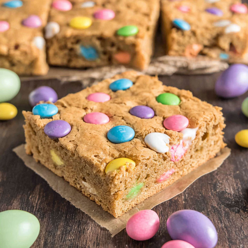 A piece of Easter blondies with colorful candy on top.