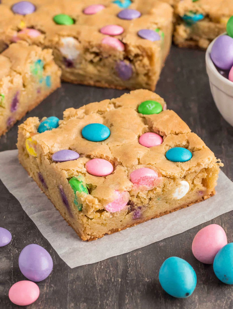 A slice of Easter blondies with colorful candy toppings.