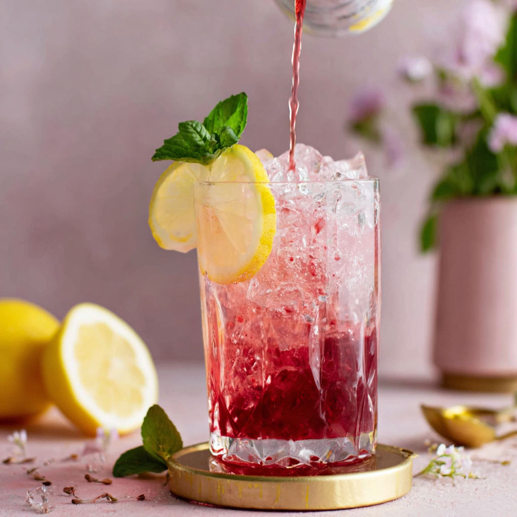 A glass of fun jam seltzer drink with a lemon wedge on the side.