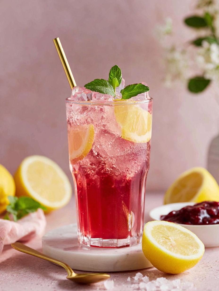 A glass of red lemonade with a lemon wedge and mint garnish.