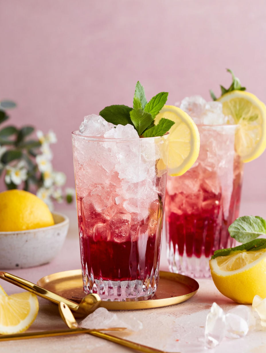 Two glasses of red drink with lemon slices in them.