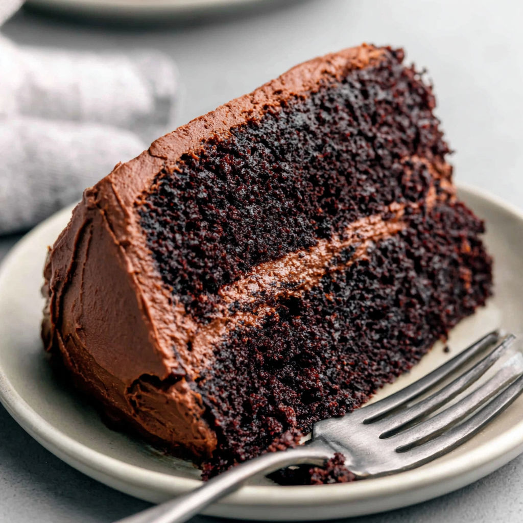 A slice of moist rich chocolate cake.