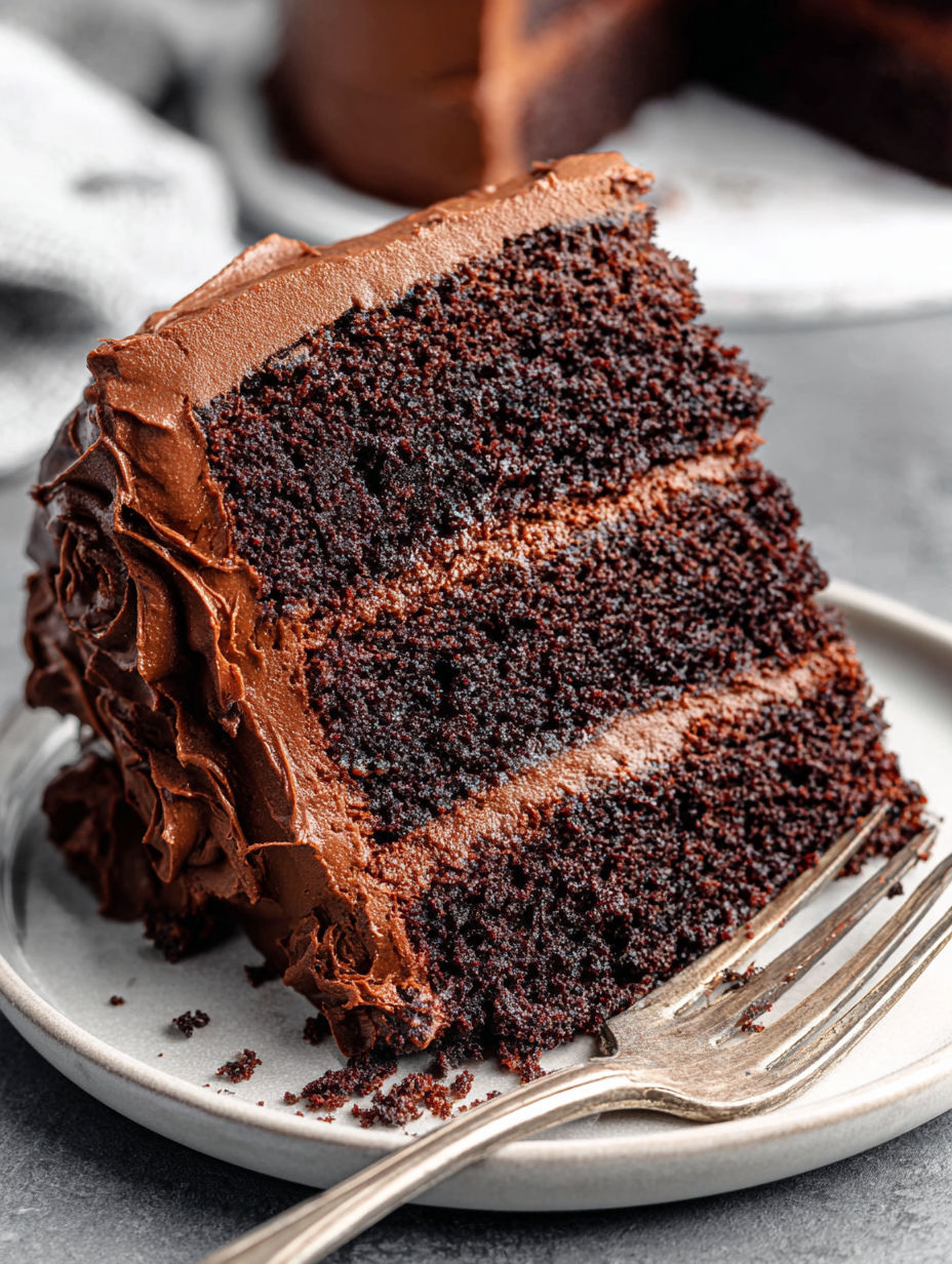 A slice of moist rich chocolate cake.