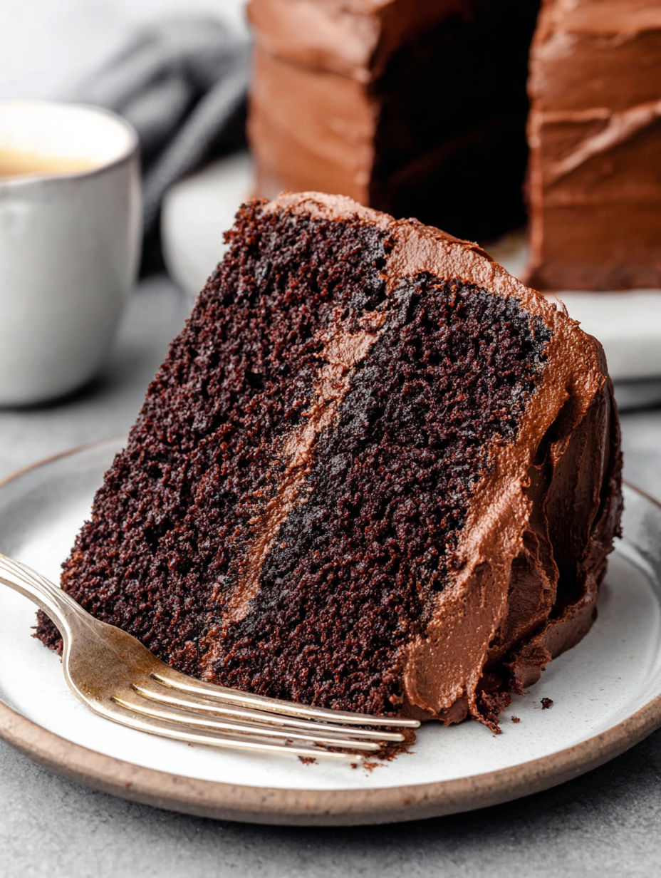 A slice of moist rich chocolate cake.