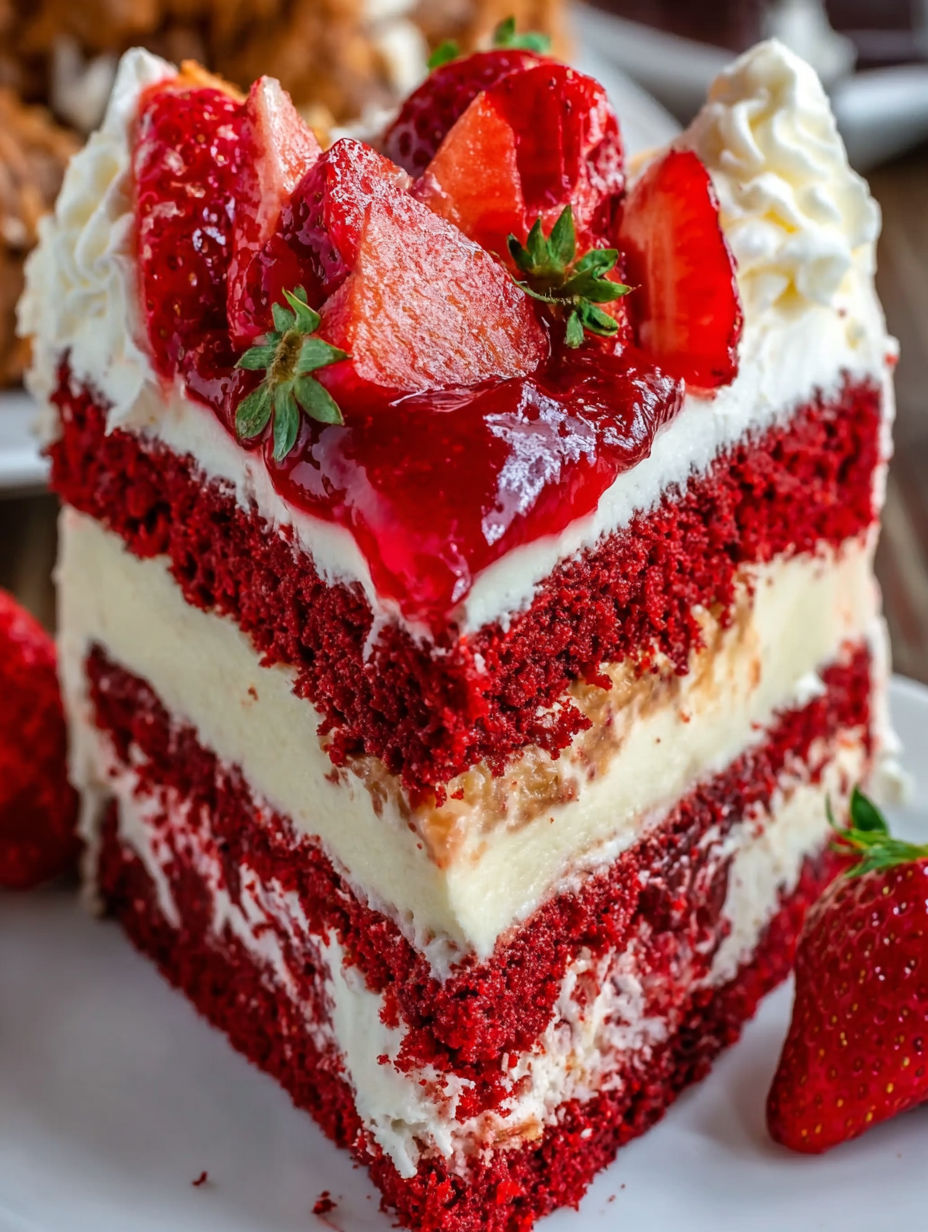 A slice of red velvet strawberry cheesecake.