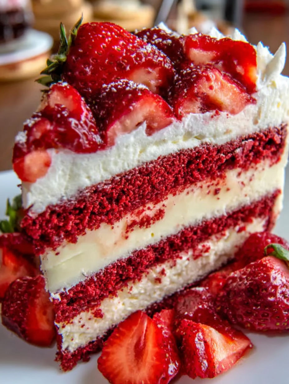 A slice of red velvet strawberry cheesecake.