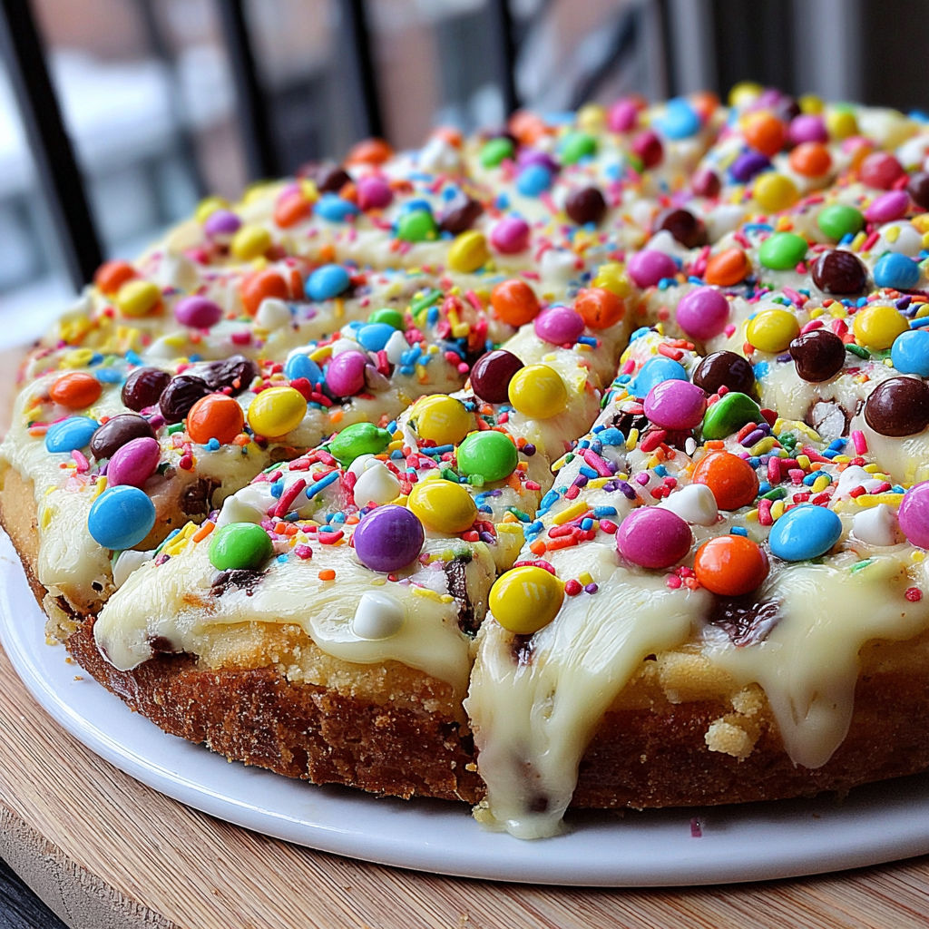 A white chocolate brownie pizza with colorful sprinkles.