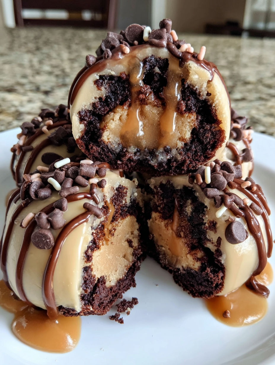 A chocolate covered peanut butter cupcake with chocolate drizzle.