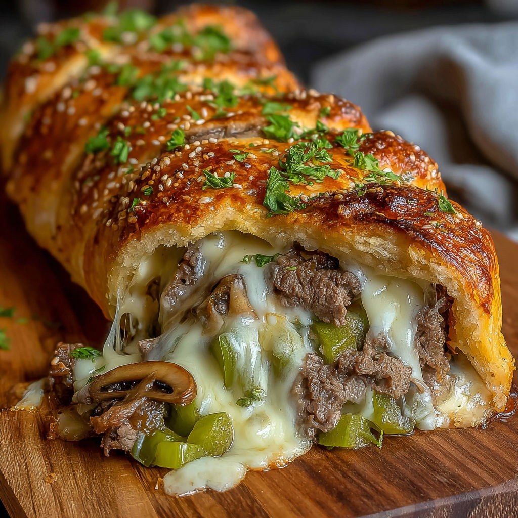 A Philly Cheesesteak Stromboli on a wooden cutting board.