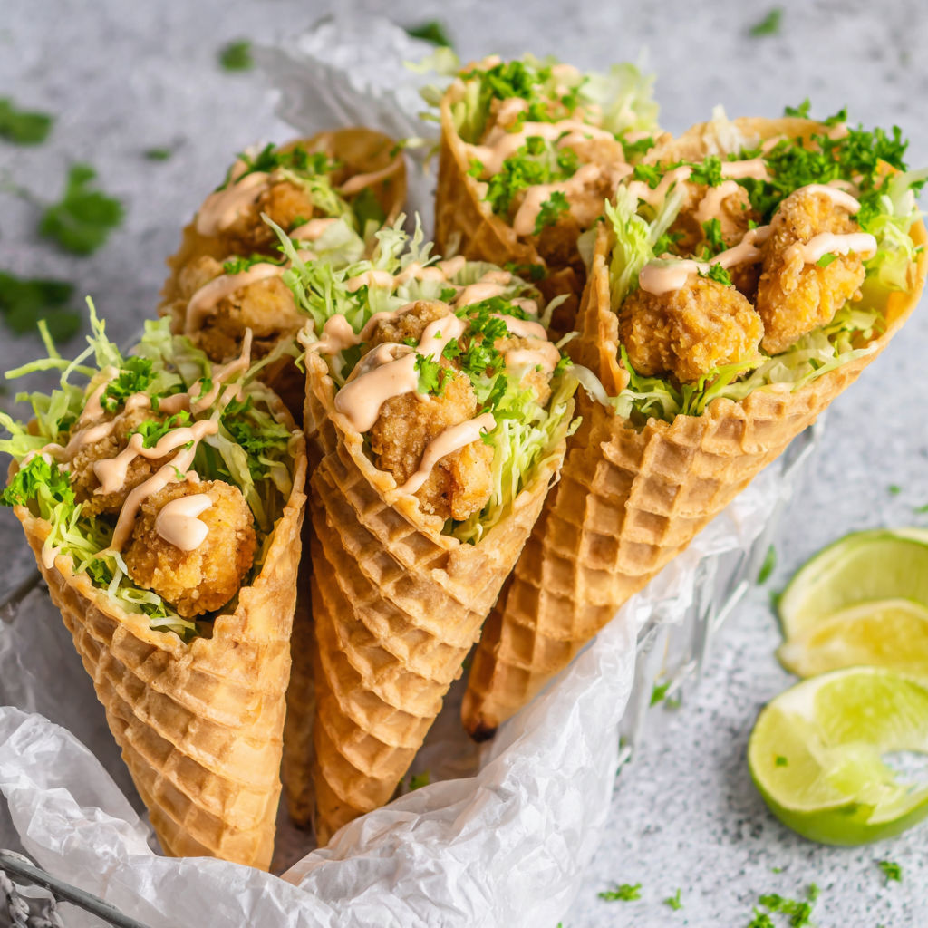 Spicy chicken waffle cones with creamy sriracha sauce.
