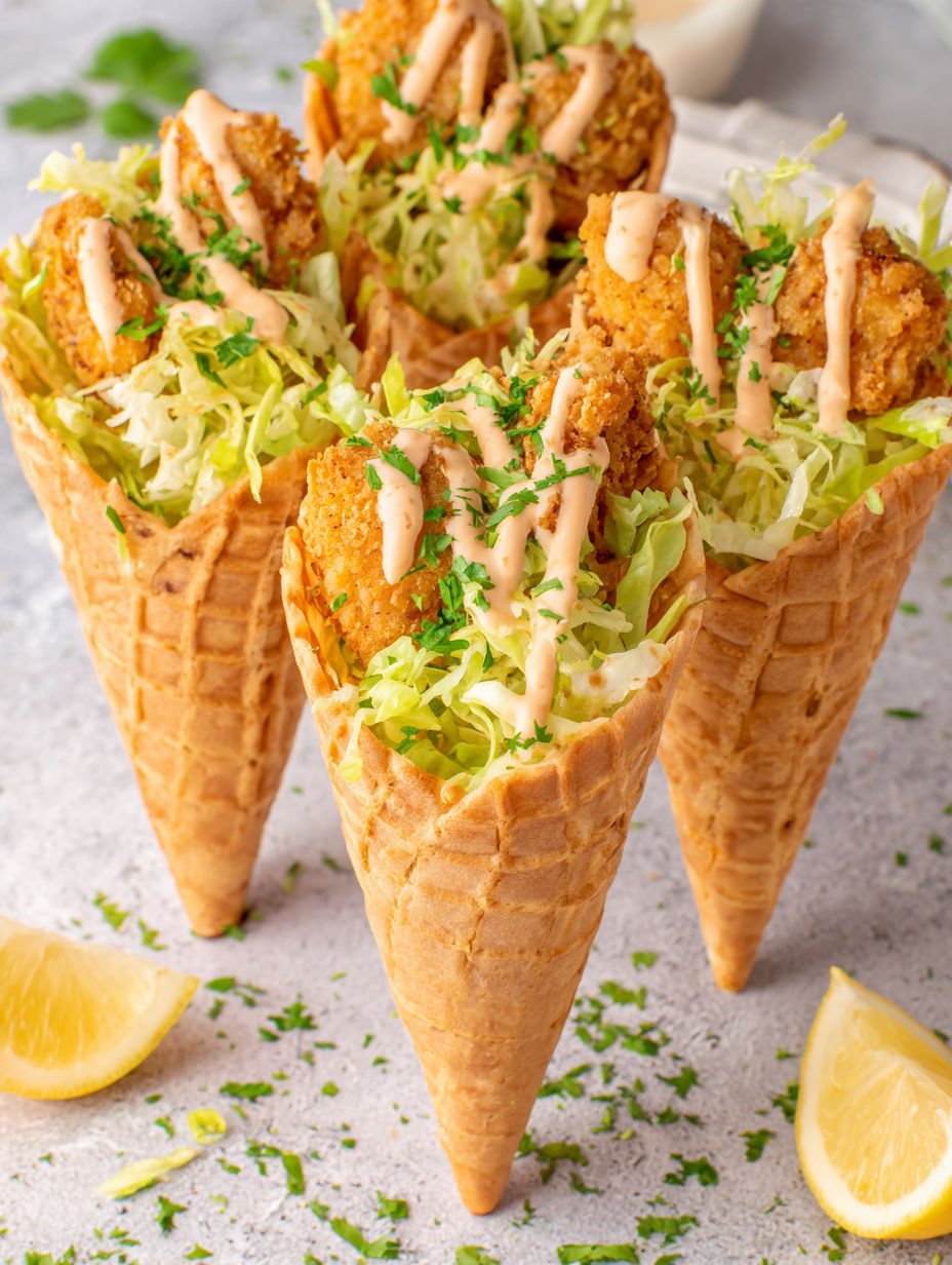 Three waffle cones filled with spicy chicken and creamy sriracha sauce.