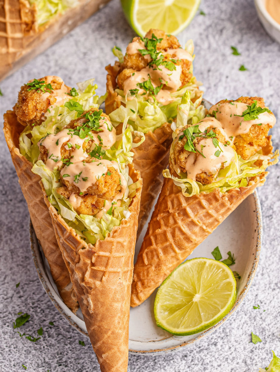Two waffle cones filled with spicy chicken and creamy sriracha sauce.