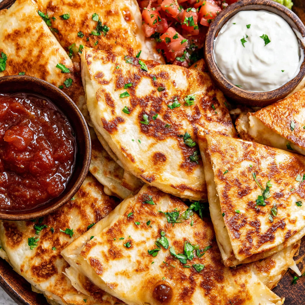 Mini chicken quesadillas with tomatoes and sour cream.