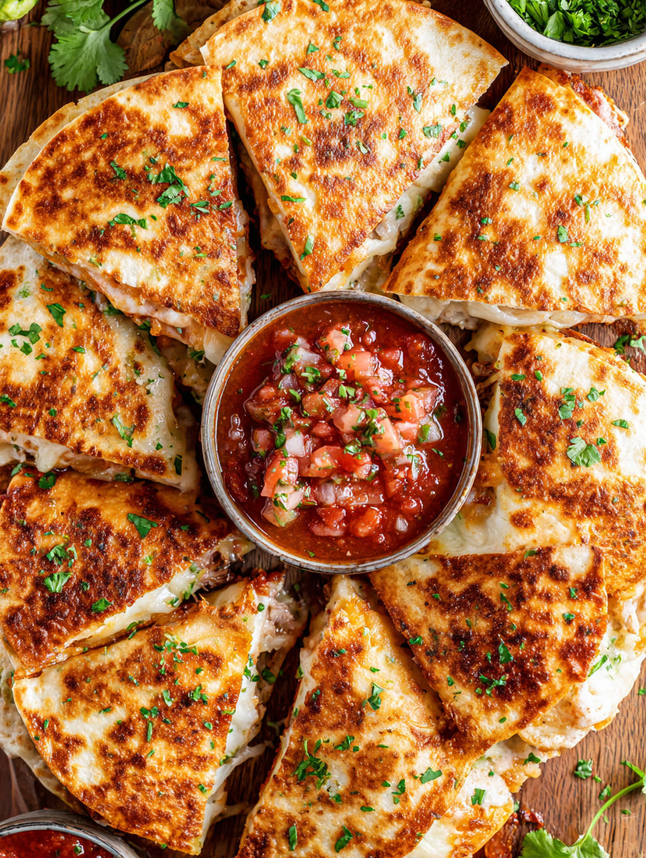 A bowl of salsa with mini chicken quesadillas.