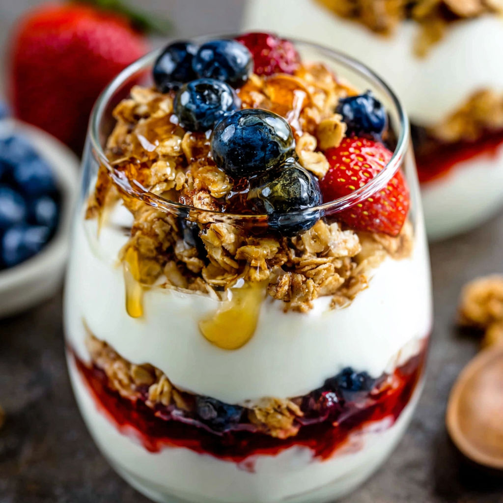 A glass of yogurt with granola and blueberries.