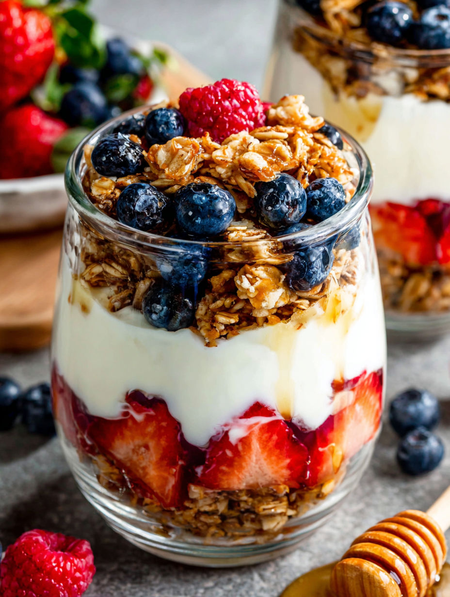 A glass of yogurt with granola and berries.