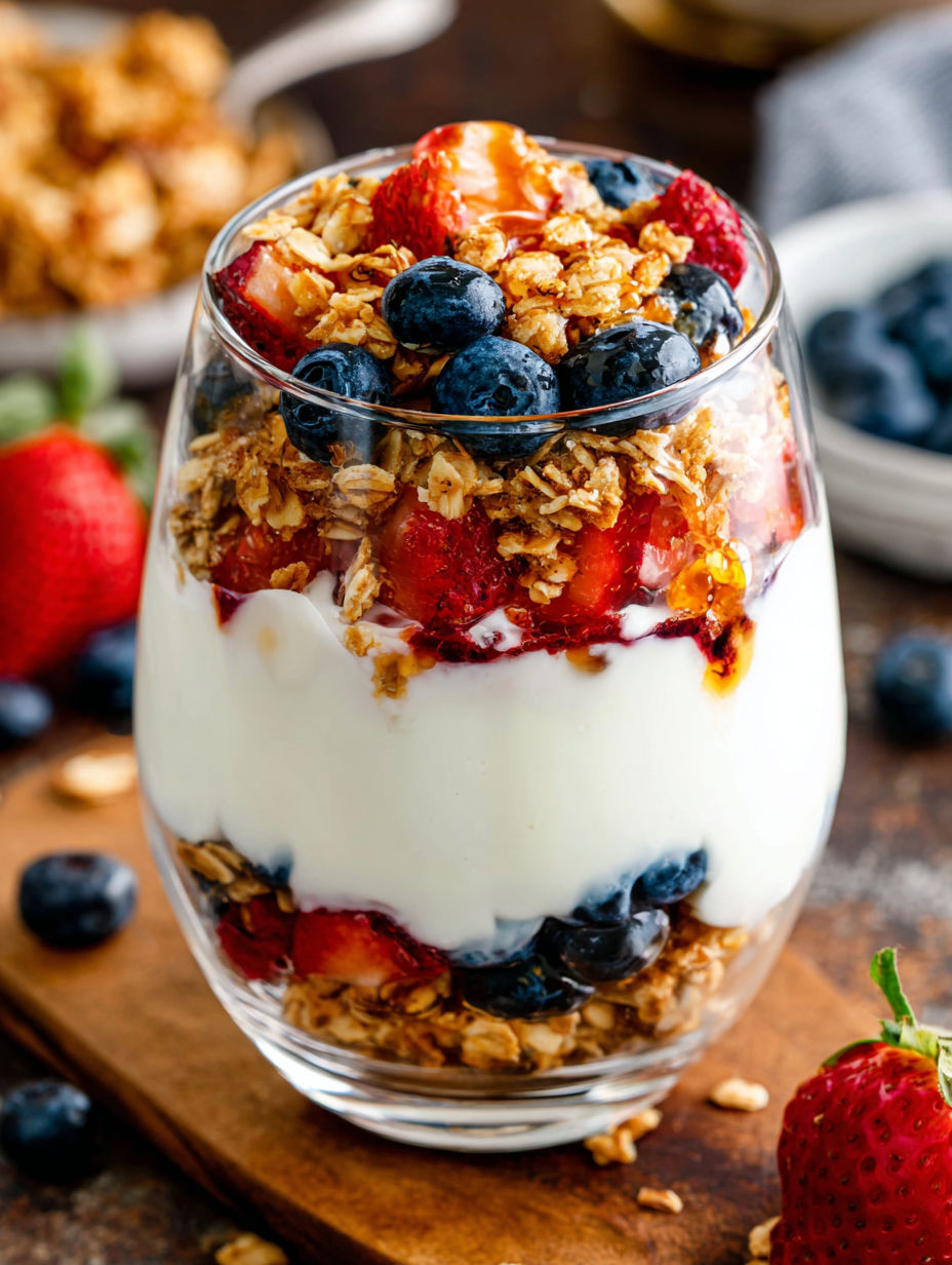 A glass of yogurt with berries and granola.