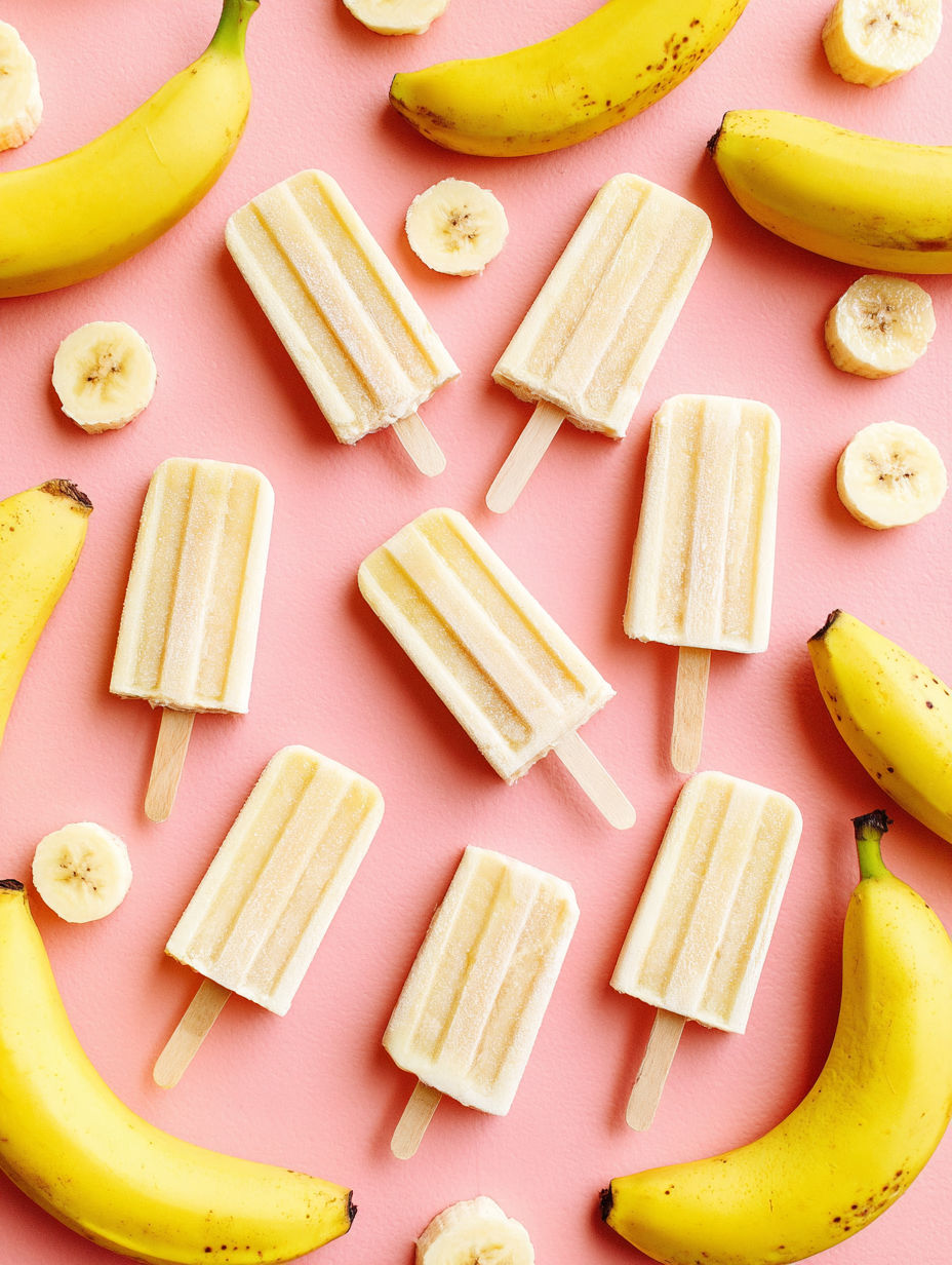 Banana popsicles on a pink background.