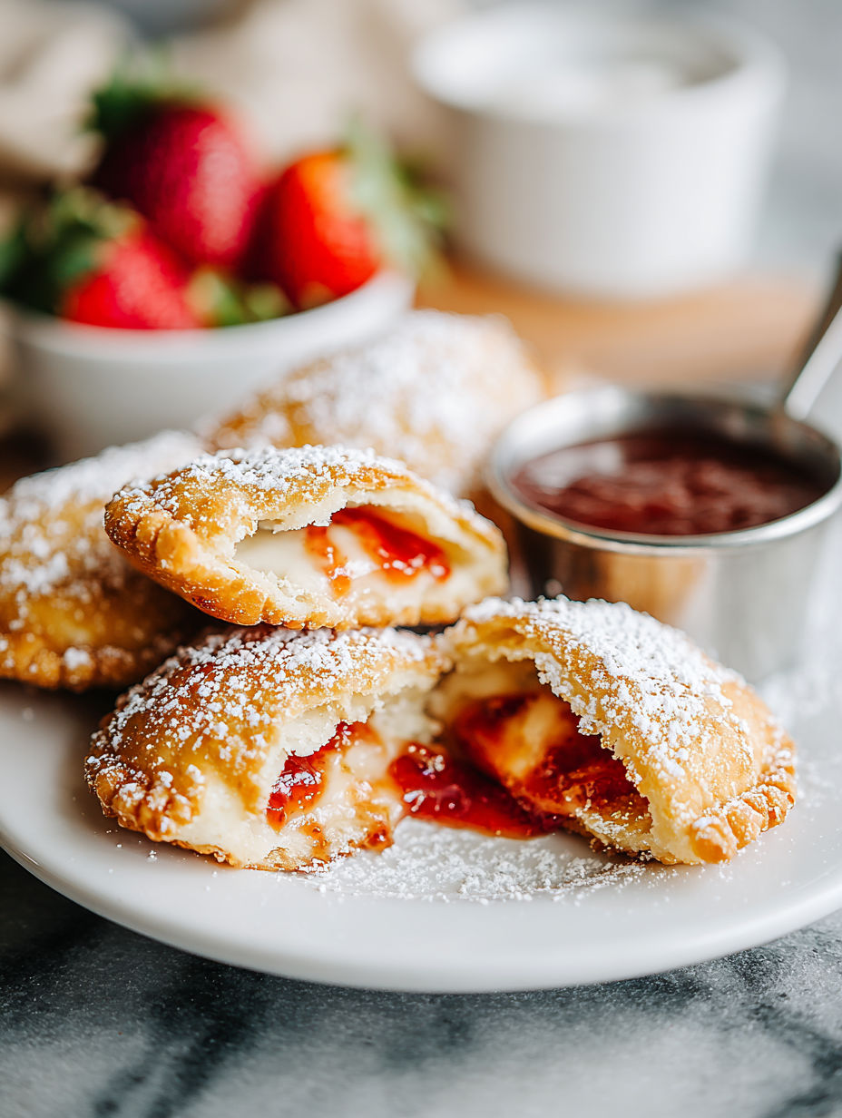 Fried Uncrustables with strawberries and chocolate sauce.