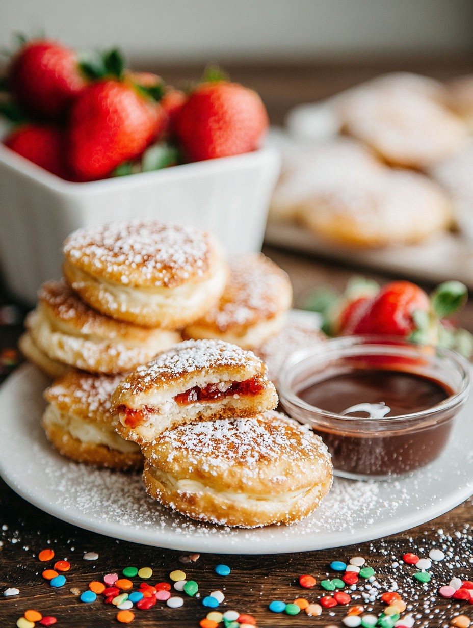 A plate of fried uncrustables with powdered sugar and chocolate sauce.