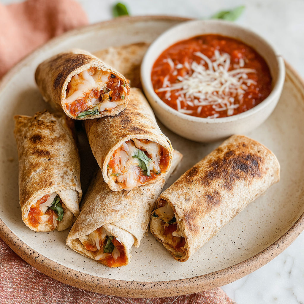 A plate of air fryer tortilla pizza rolls with a bowl of sauce.