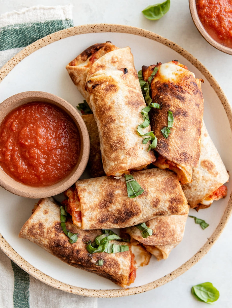 A plate of air fryer tortilla pizza rolls.