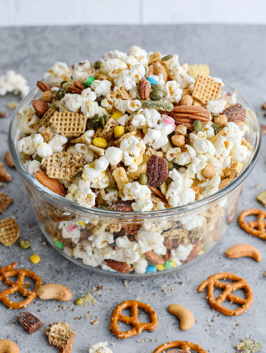 A bowl of popcorn with various toppings.