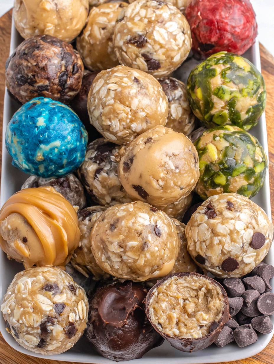 A variety of protein balls in a bowl.