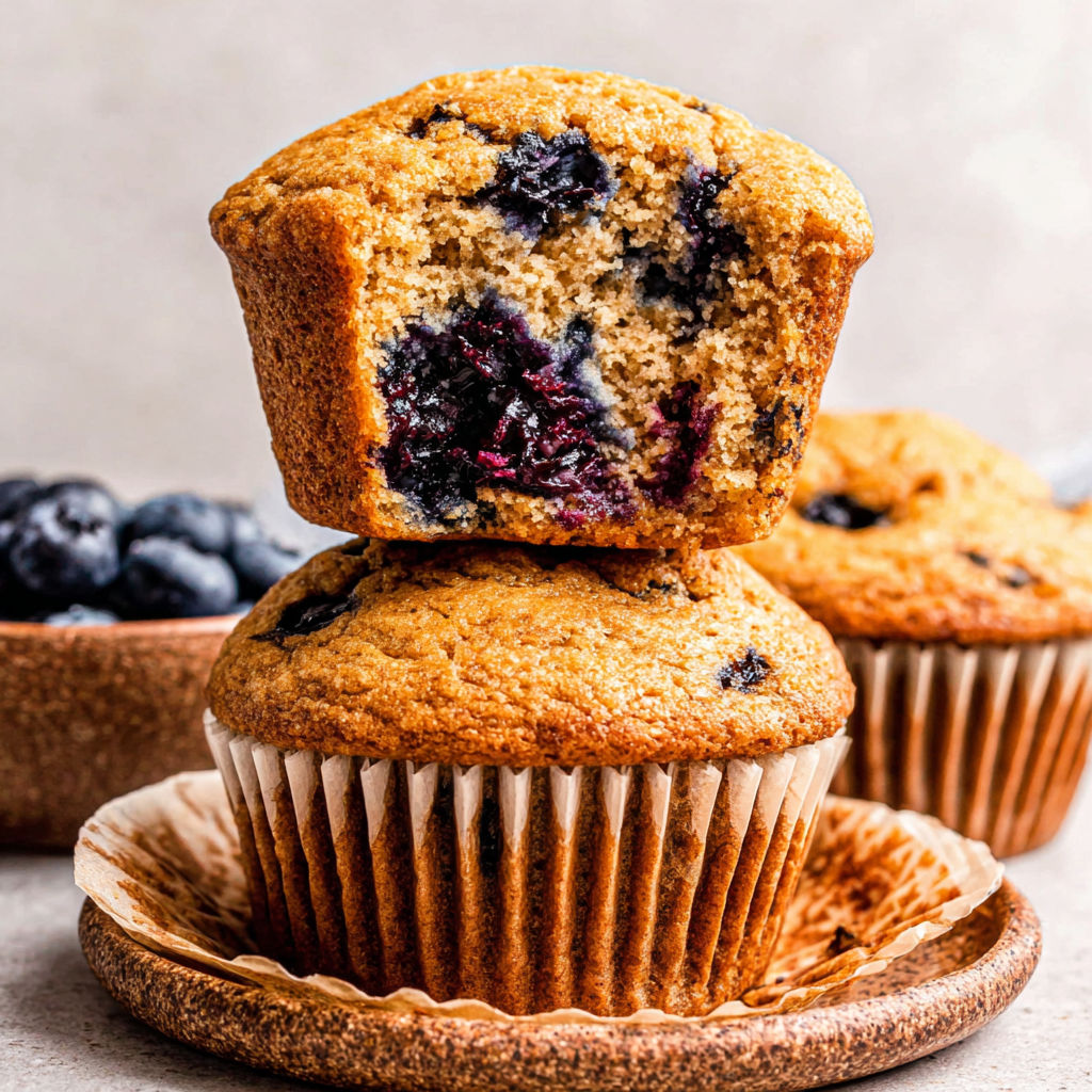 A stack of blueberry muffins on a plate.
