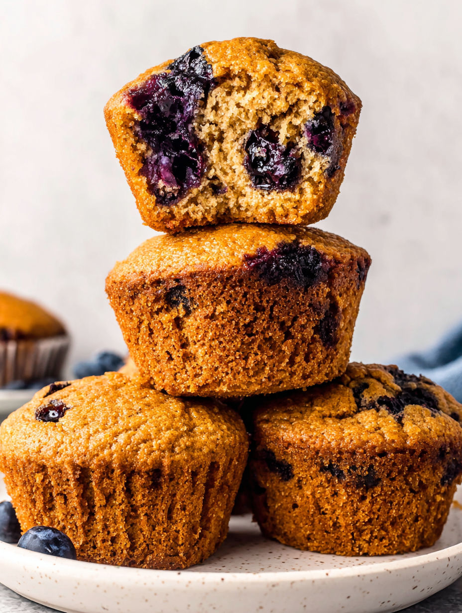 A stack of muffins with blueberries on top.