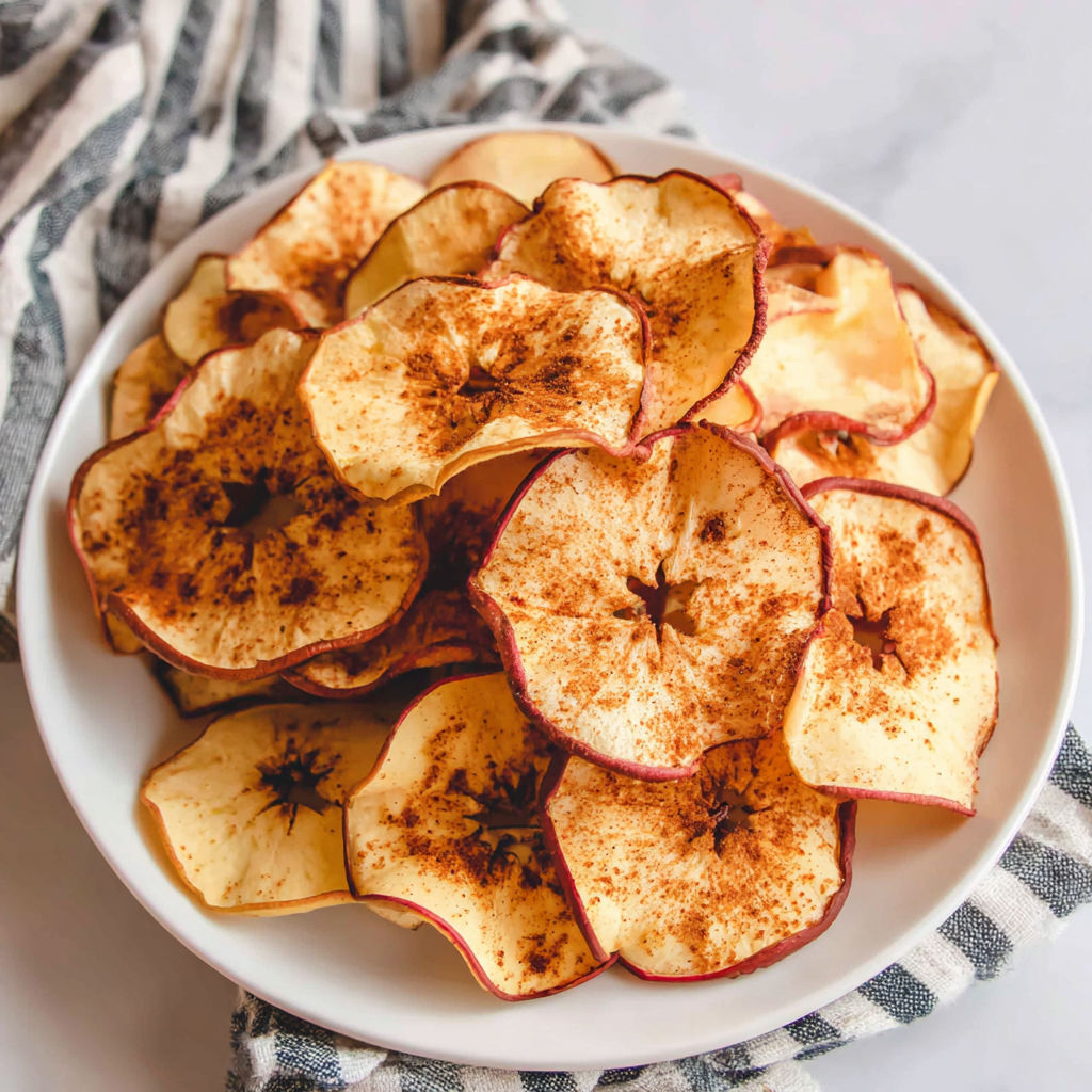 A white plate with a bowl of apple chips.