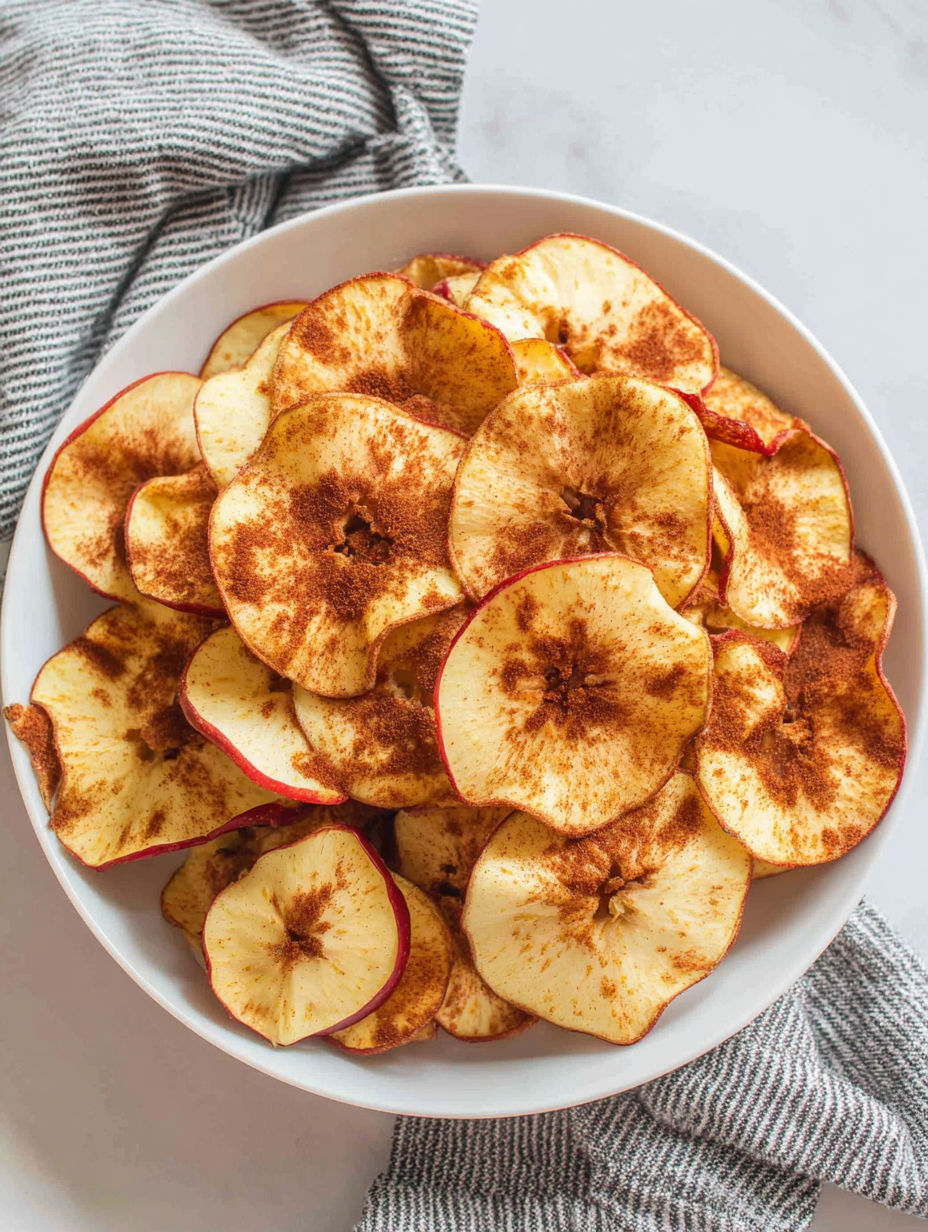 A bowl of apple chips with cinnamon.