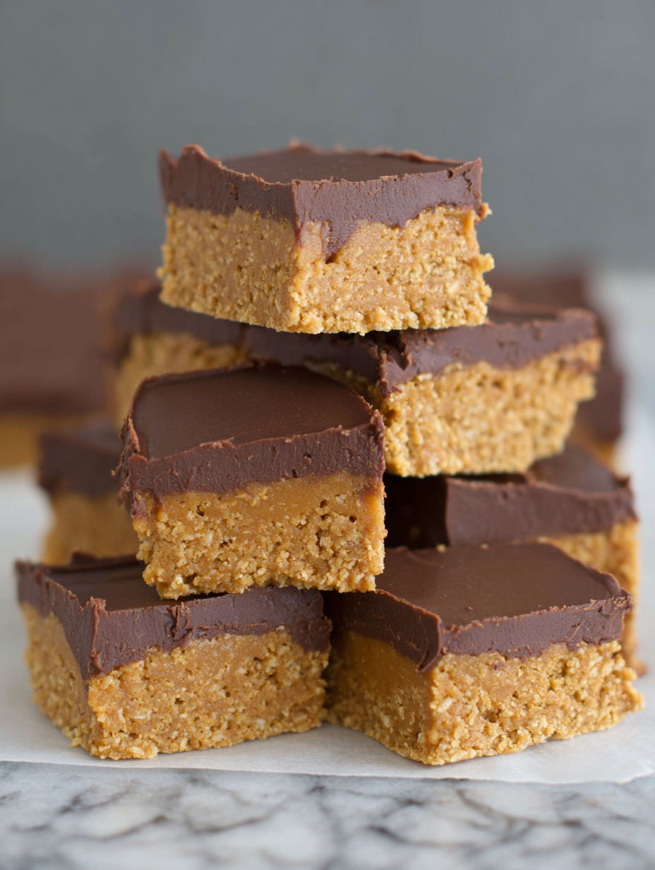 A stack of chocolate peanut butter bars with oats.