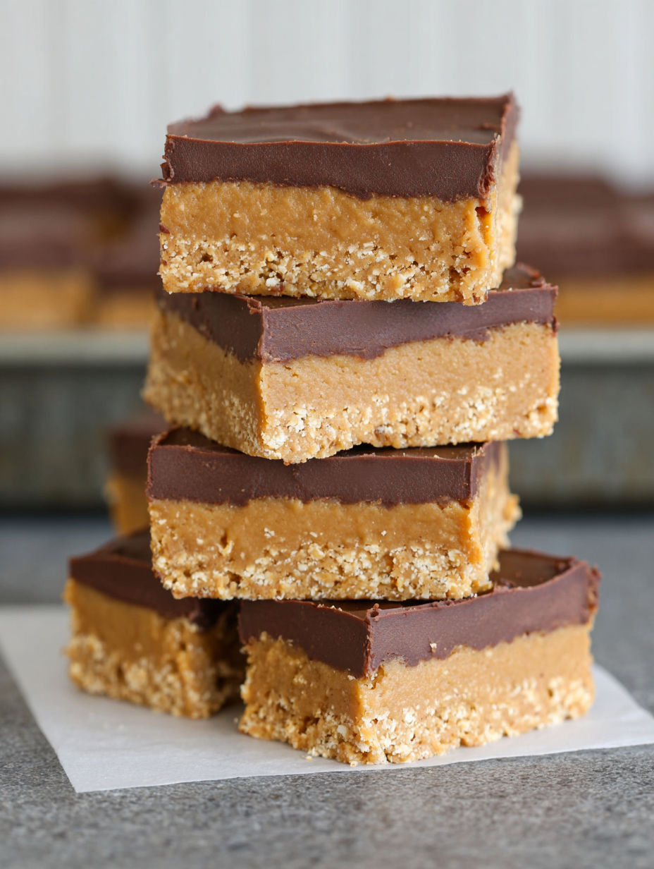 A stack of chocolate peanut butter bars with oats.