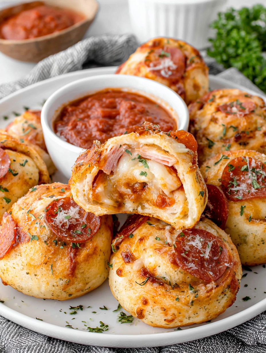A plate of pepperoni pizza rolls.