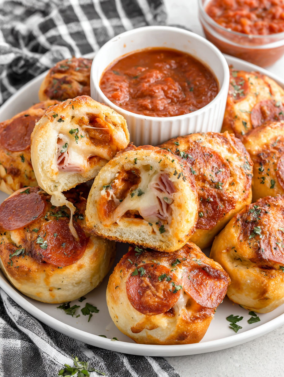 A plate of pepperoni pizza rolls with a bowl of sauce.