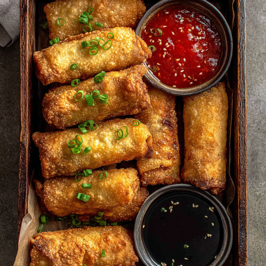 A box of homemade egg rolls with sauce.