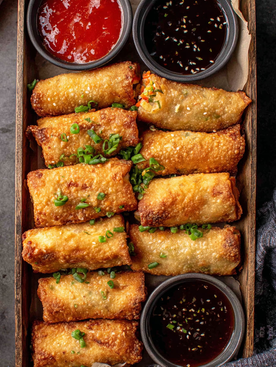 A box of homemade egg rolls with sauce.