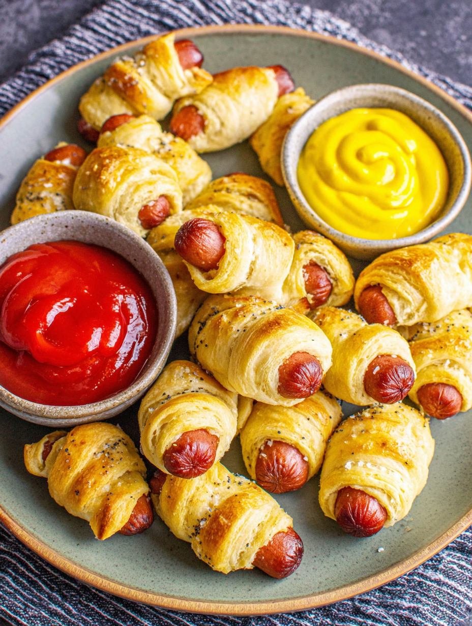 A plate of hot dogs and rolls with mustard and ketchup.