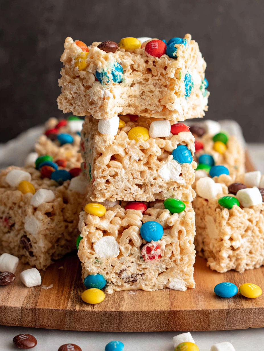 A stack of M&M Rice Krispie Treats.