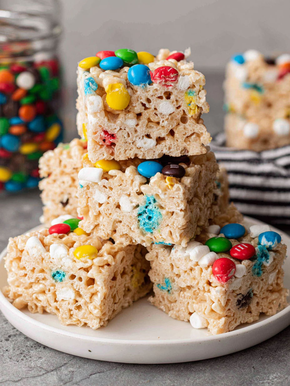 A plate of M&M Rice Krispie Treats.