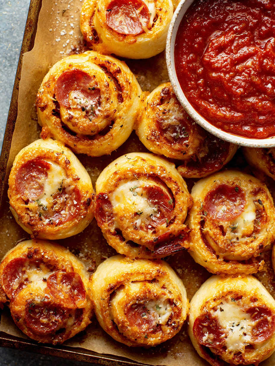 A plate of pizza wheels with sauce.