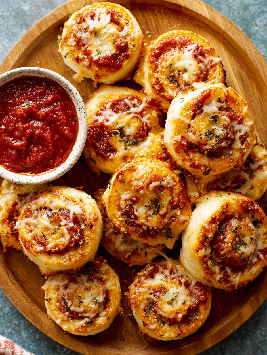 A plate of pizza wheels with sauce.