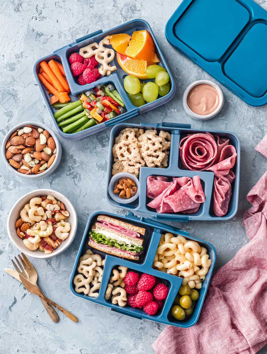 A variety of foods in a blue lunch box.