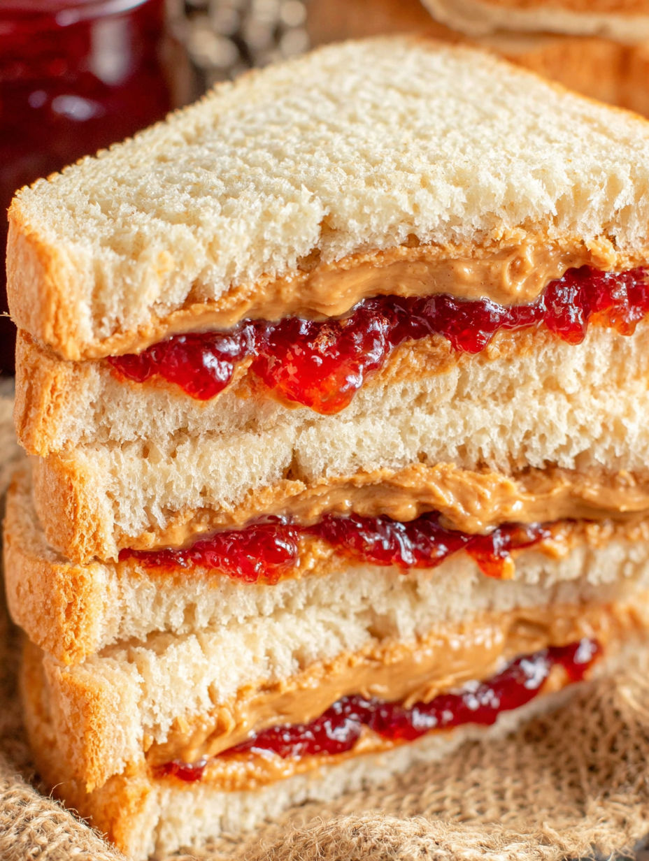 A stack of peanut butter and jelly sandwiches.