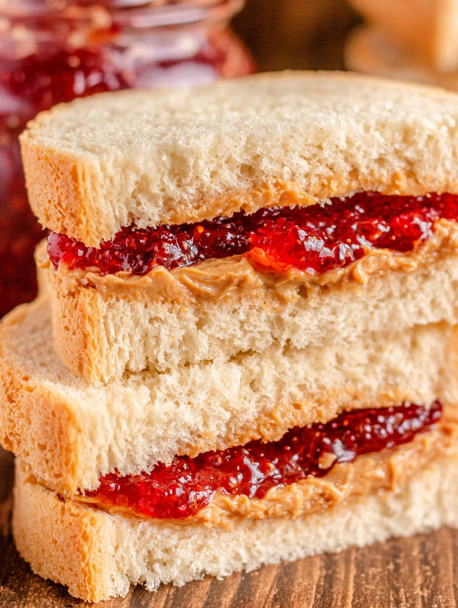 Two slices of bread with peanut butter and jelly.