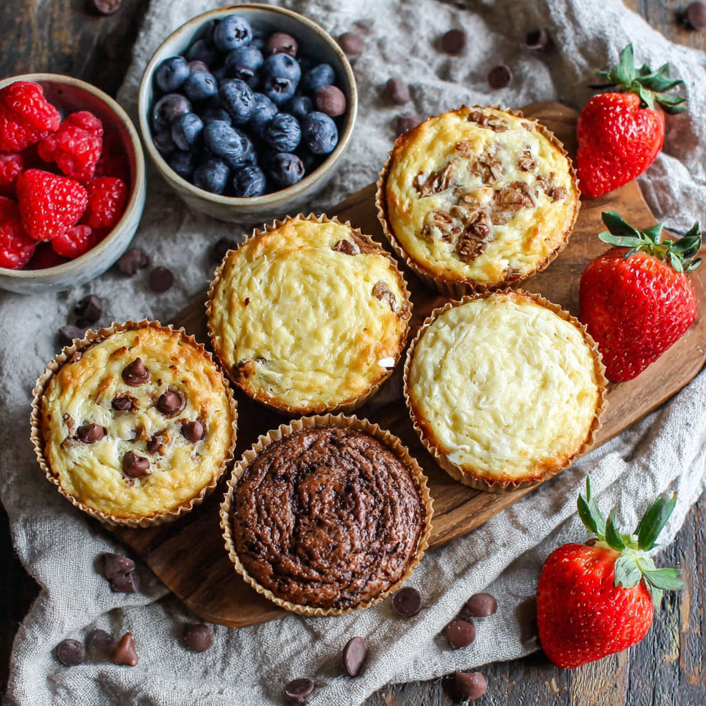 A wooden tray with six different flavored muffins.