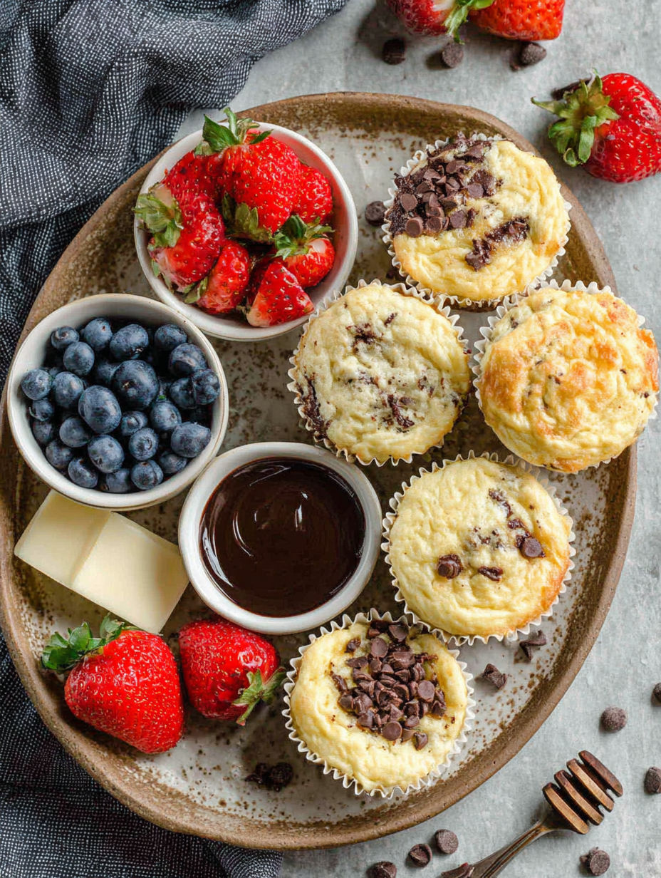 A plate of muffins with chocolate chips and strawberries.