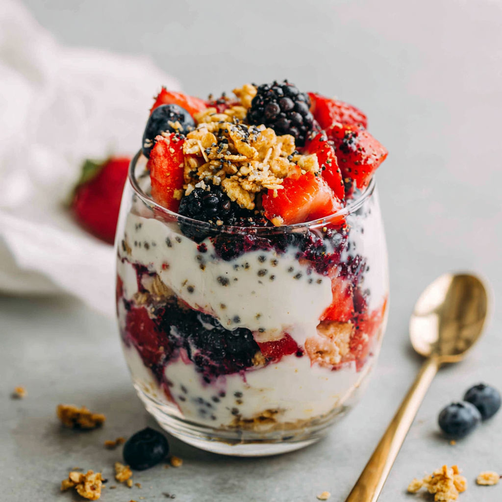 A glass of yogurt parfait with berries and granola.