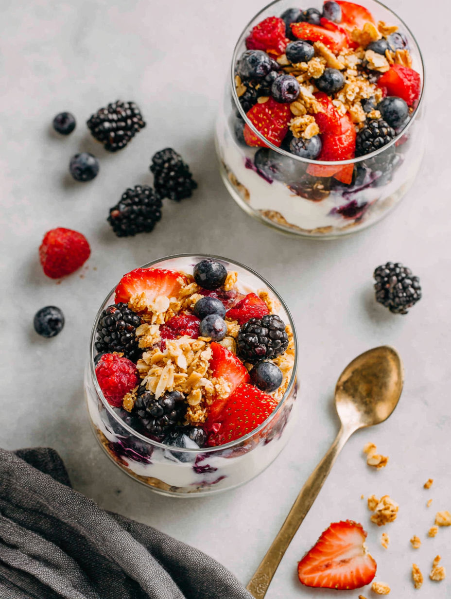 A glass of yogurt parfait with berries and granola.